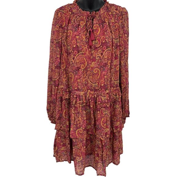 FRYE Women Dress Size Medium M Red Rocks Combo Bohemian Paisley Long Sleeve New - Picture 1 of 12
